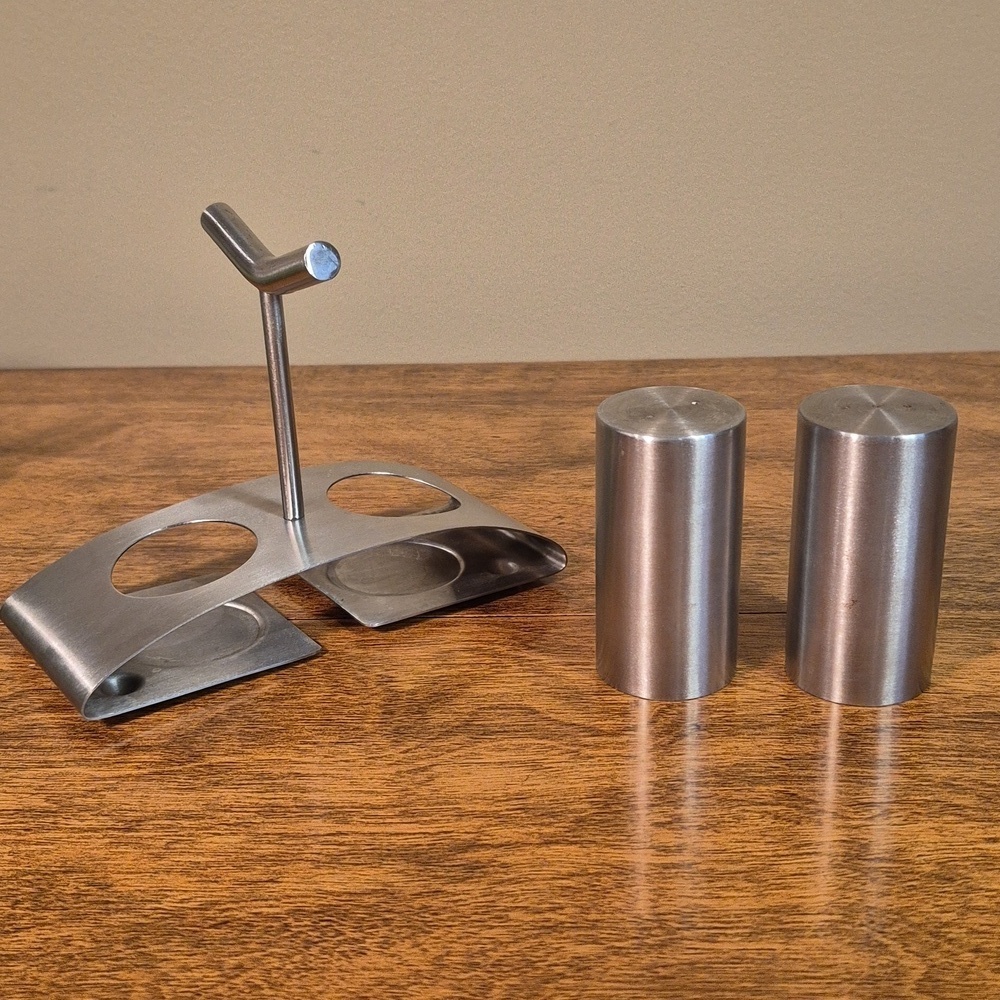 VINTAGE Stainless Steel Salt And Pepper Shaker Set With Caddy - Picture 6 of 14